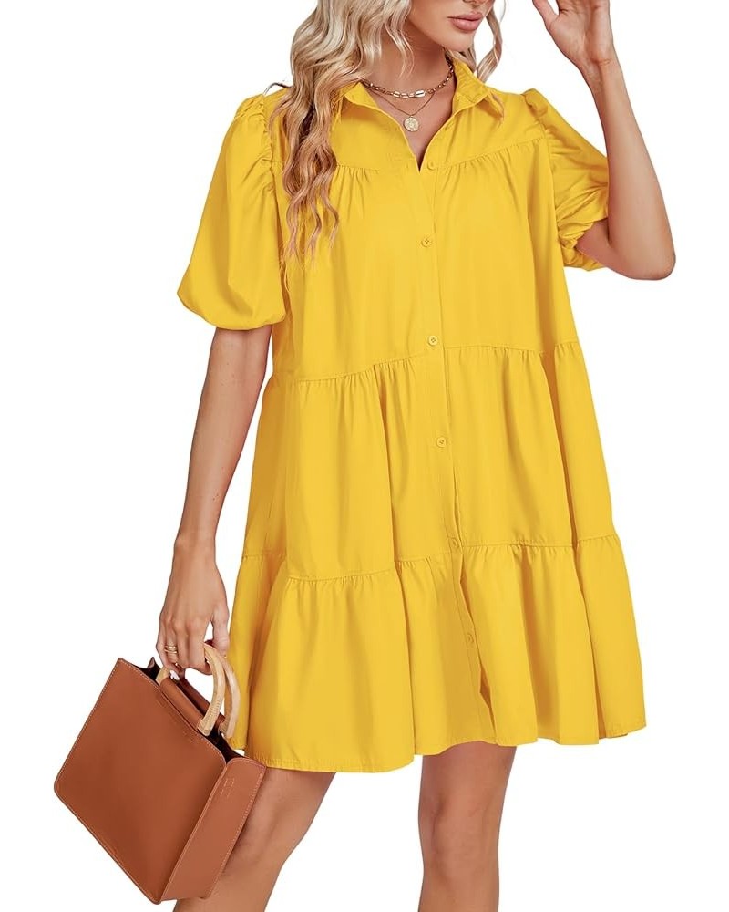 Women's Callor Button Down Puff Short Sleeve Ruffle Hem Loose Babydoll Mini Dress Yellow $18.86 Dresses