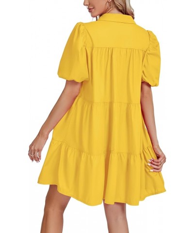 Women's Callor Button Down Puff Short Sleeve Ruffle Hem Loose Babydoll Mini Dress Yellow $18.86 Dresses