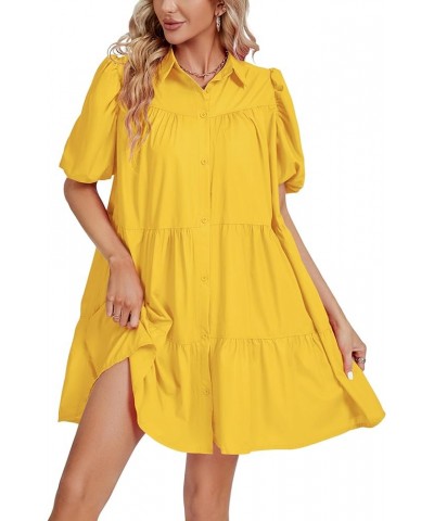 Women's Callor Button Down Puff Short Sleeve Ruffle Hem Loose Babydoll Mini Dress Yellow $18.86 Dresses