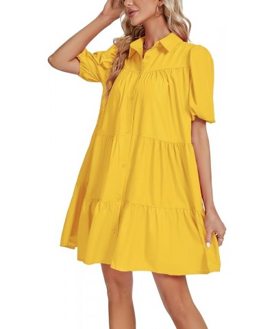 Women's Callor Button Down Puff Short Sleeve Ruffle Hem Loose Babydoll Mini Dress Yellow $18.86 Dresses