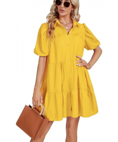 Women's Callor Button Down Puff Short Sleeve Ruffle Hem Loose Babydoll Mini Dress Yellow $18.86 Dresses