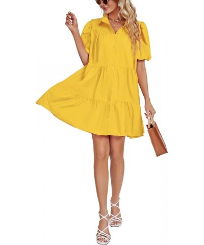 Women's Callor Button Down Puff Short Sleeve Ruffle Hem Loose Babydoll Mini Dress Yellow $18.86 Dresses