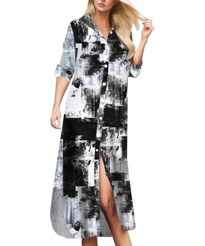 Long Shirt Dress for Women Button Down Collar Printed Casual Maxi Dress with Pocket Loose Long Sleeve Relaxed Split Hem Dress...