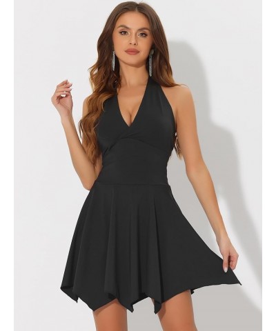 Women's Halter Deep V Neck Sleeveless Backless Skater Mini Dress Black $16.72 Dresses