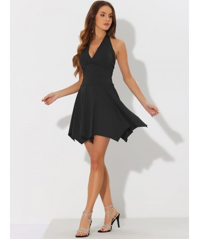 Women's Halter Deep V Neck Sleeveless Backless Skater Mini Dress Black $16.72 Dresses