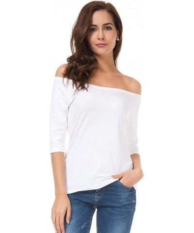 Womens Half Sleeve Cotton Tunic Tops Solid Color Boat Neck Off Shoulder Fitted Tops White $12.49 Tops