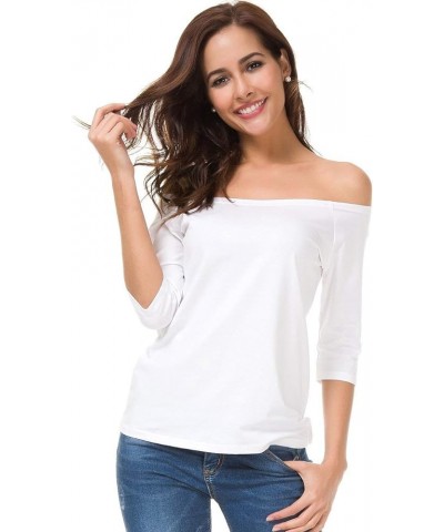 Womens Half Sleeve Cotton Tunic Tops Solid Color Boat Neck Off Shoulder Fitted Tops White $12.49 Tops