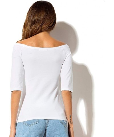 Womens Half Sleeve Cotton Tunic Tops Solid Color Boat Neck Off Shoulder Fitted Tops White $12.49 Tops