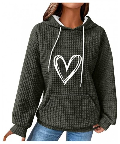 Waffle Hoodies for Women Casual Heart Print Long Sleeve Hooded Sweatshirts Drawstring Comfy Cute Preppy Clothes 1 Army Green ...