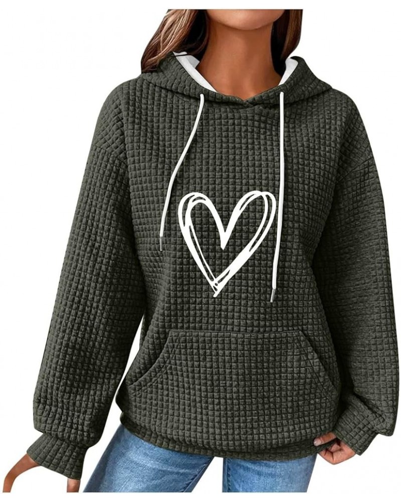 Waffle Hoodies for Women Casual Heart Print Long Sleeve Hooded Sweatshirts Drawstring Comfy Cute Preppy Clothes 1 Army Green ...