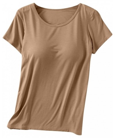 Womens Built-in Bra T-Shirt Padded Active Yoga Tops Short Sleeves Plain Blouses Soft Pajama Casual Workout Shirts Khaki 01 $1...