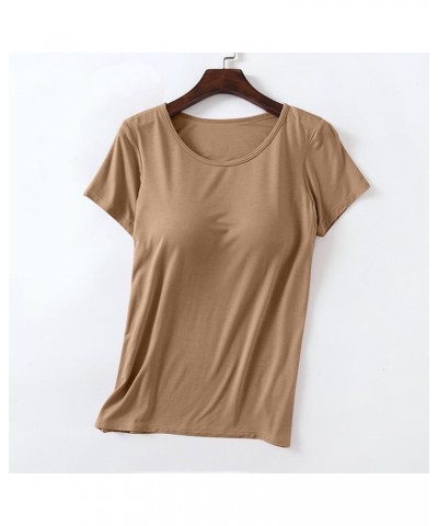 Womens Built-in Bra T-Shirt Padded Active Yoga Tops Short Sleeves Plain Blouses Soft Pajama Casual Workout Shirts Khaki 01 $1...