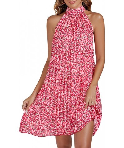 Women's Tunic Floral Halter Neck Pleated Sleeveless Flowy Hem A Line Mini Dress Red $16.81 Dresses