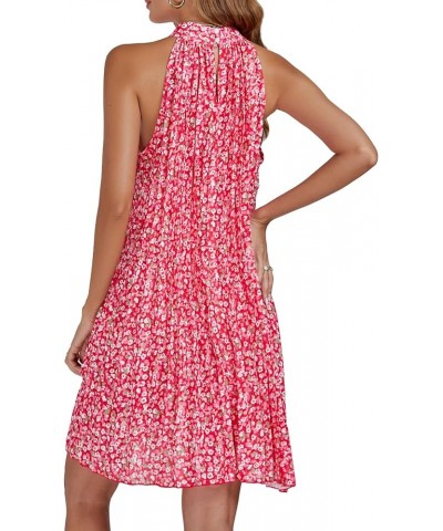 Women's Tunic Floral Halter Neck Pleated Sleeveless Flowy Hem A Line Mini Dress Red $16.81 Dresses