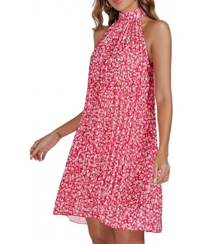 Women's Tunic Floral Halter Neck Pleated Sleeveless Flowy Hem A Line Mini Dress Red $16.81 Dresses