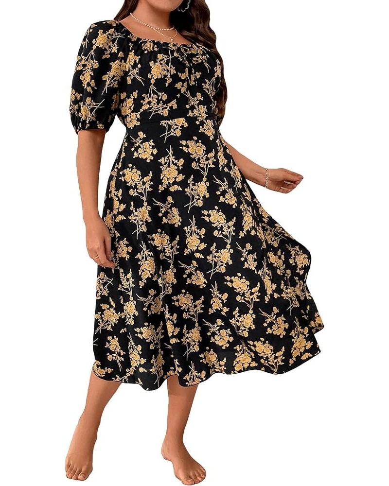 Women's Plus Size Floral Print Puff Sleeve Split Thigh Ruffle Hem A Line Dress Multicolor $11.19 Dresses