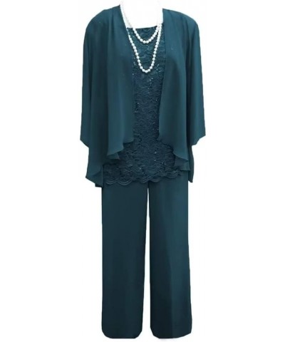 Chiffon Lace Mother of The Bride Dresses Pant Suits for Women 3pcs Formal Evening Gowns with Sleeves Teal $25.80 Suits