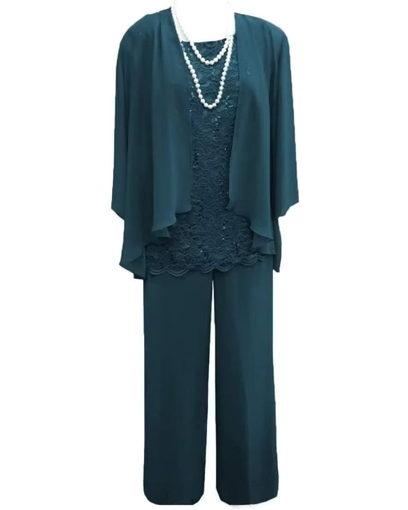 Chiffon Lace Mother of The Bride Dresses Pant Suits for Women 3pcs Formal Evening Gowns with Sleeves Teal $25.80 Suits