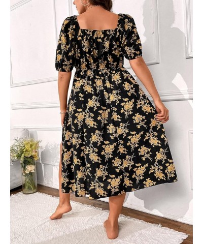 Women's Plus Size Floral Print Puff Sleeve Split Thigh Ruffle Hem A Line Dress Multicolor $11.19 Dresses