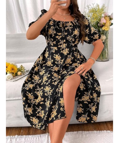 Women's Plus Size Floral Print Puff Sleeve Split Thigh Ruffle Hem A Line Dress Multicolor $11.19 Dresses