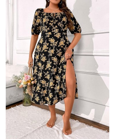 Women's Plus Size Floral Print Puff Sleeve Split Thigh Ruffle Hem A Line Dress Multicolor $11.19 Dresses