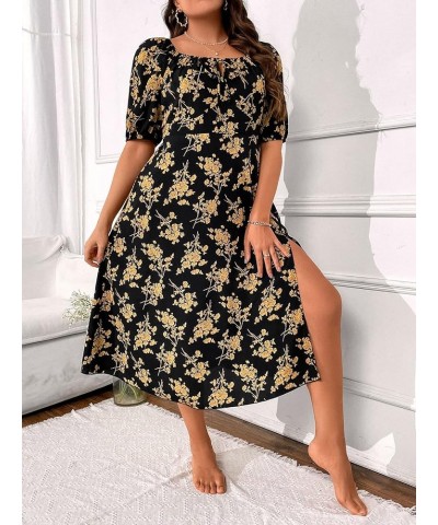 Women's Plus Size Floral Print Puff Sleeve Split Thigh Ruffle Hem A Line Dress Multicolor $11.19 Dresses