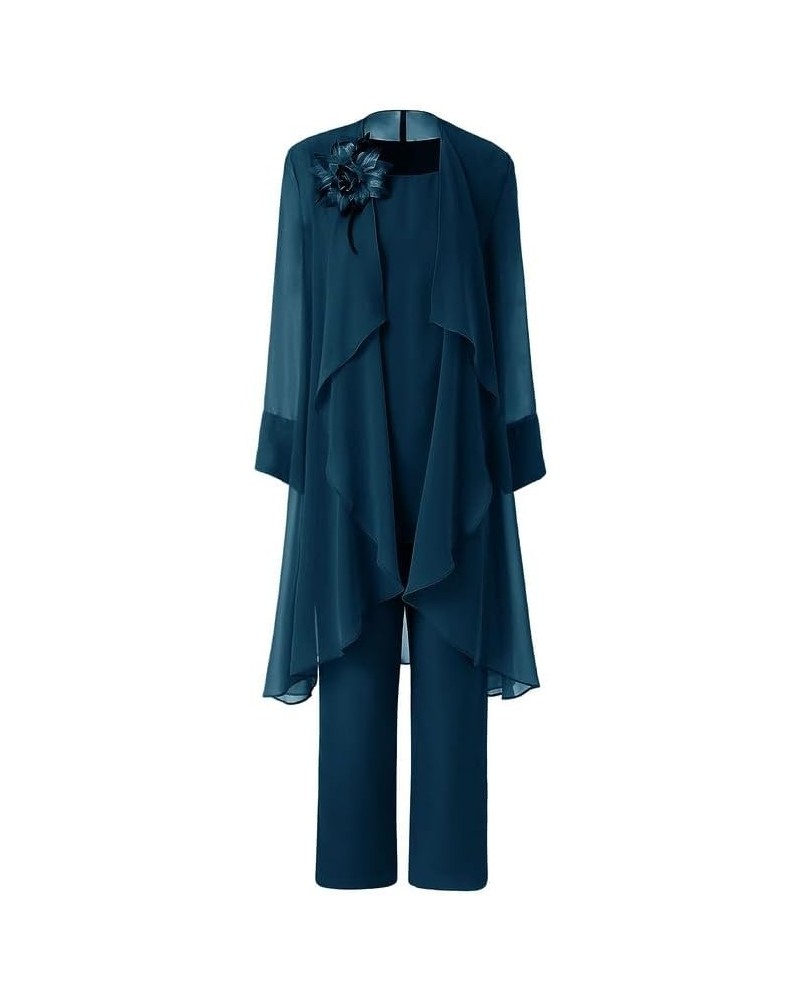 Mother of The Bride Pant Suits with Jacket 3Pcs Long Sleeve Wedding Outfit Set Chiffon Evening Fornal Gowns Teal Blue $44.00 ...