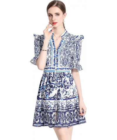 Women's Summer Puff Sleeve V-Neck Floral Print Casual Swing Mini Dress 23111 Blue $21.59 Dresses