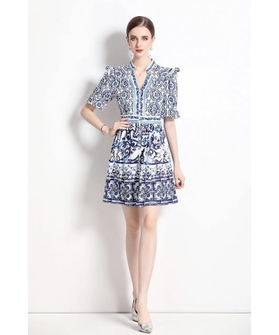 Women's Summer Puff Sleeve V-Neck Floral Print Casual Swing Mini Dress 23111 Blue $21.59 Dresses