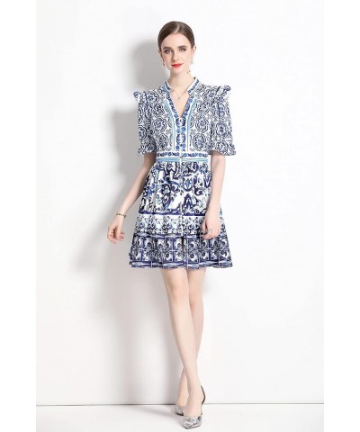 Women's Summer Puff Sleeve V-Neck Floral Print Casual Swing Mini Dress 23111 Blue $21.59 Dresses