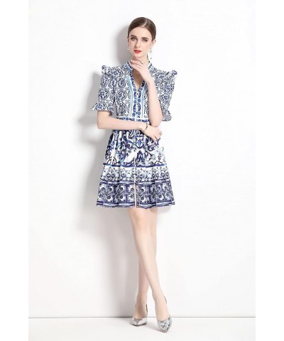 Women's Summer Puff Sleeve V-Neck Floral Print Casual Swing Mini Dress 23111 Blue $21.59 Dresses