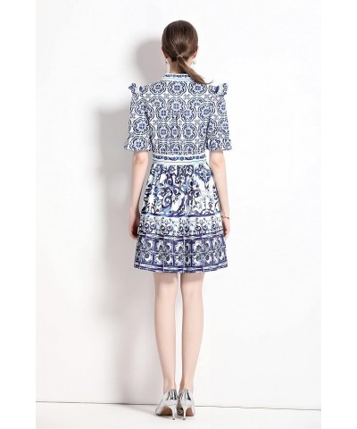 Women's Summer Puff Sleeve V-Neck Floral Print Casual Swing Mini Dress 23111 Blue $21.59 Dresses