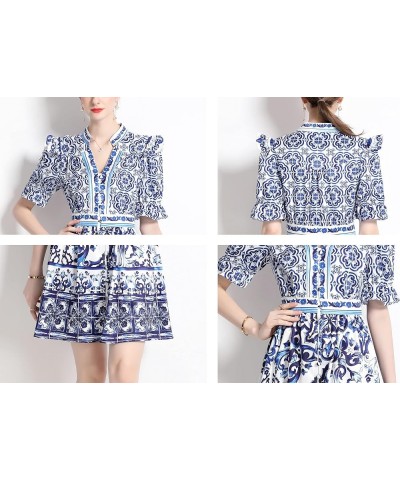 Women's Summer Puff Sleeve V-Neck Floral Print Casual Swing Mini Dress 23111 Blue $21.59 Dresses