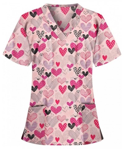 Nurse Uniforms for Women Pattern V Neck Short Sleeve Scrub Tops Lightweight Tunic with Pockets A2-pink $7.94 Tops