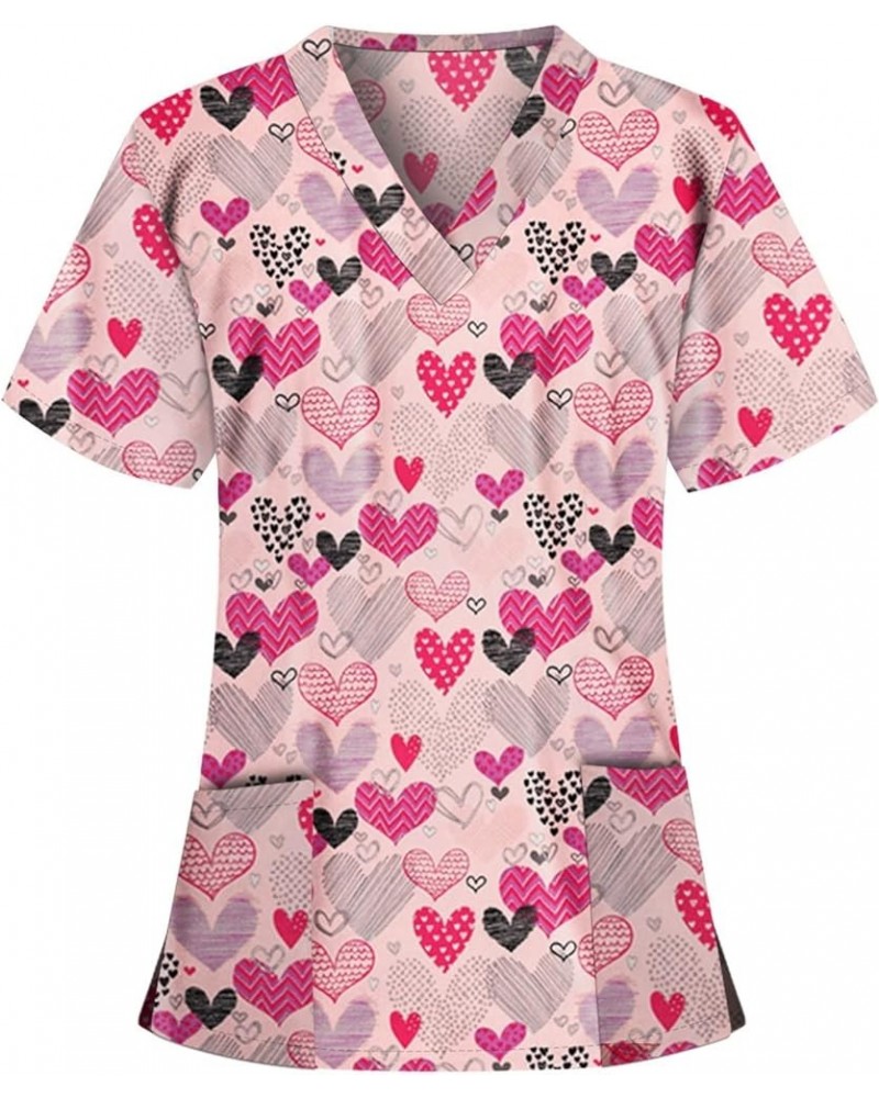 Nurse Uniforms for Women Pattern V Neck Short Sleeve Scrub Tops Lightweight Tunic with Pockets A2-pink $7.94 Tops