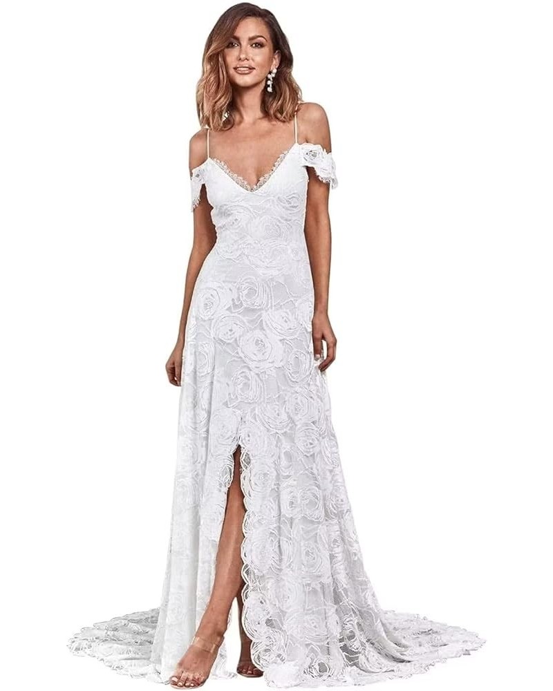 Simple Beach Wedding Dresses Long A-Line Spaghetti Straps Bridal Gowns with Train V Neck Evening Gown for Bride B-white $43.4...