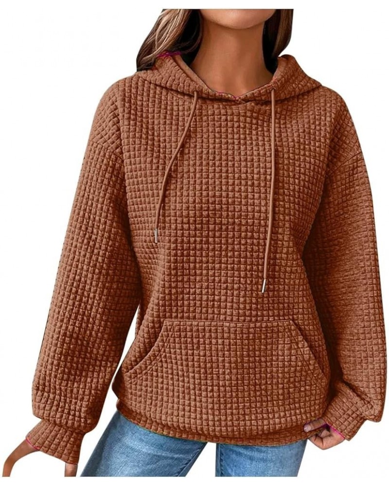 Fall Sweaters For Women Slim Trendy Drawstring Solid Color Long Sleeve Waffle Hoodies Pullover Tops With Pocket 01coffee $10....