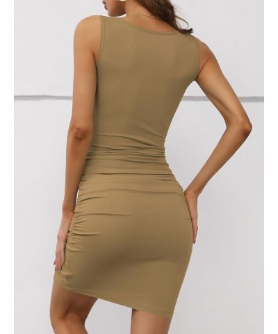 Women's Sleeveless V Neck Ruched Bodycon Sundress Summer Casual Short Tank Dress Khaki $16.63 Dresses