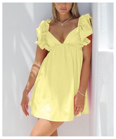 Womens Spring Summer V Neck Knot Back Causal Strap Short Flowy Swing Mini Dress B Yellow $18.04 Dresses