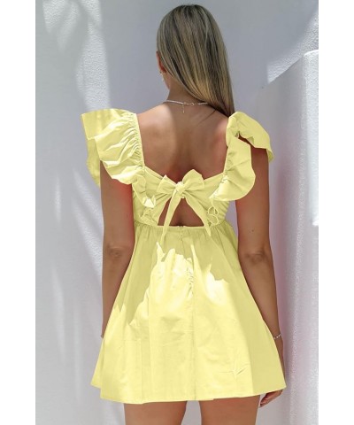 Womens Spring Summer V Neck Knot Back Causal Strap Short Flowy Swing Mini Dress B Yellow $18.04 Dresses