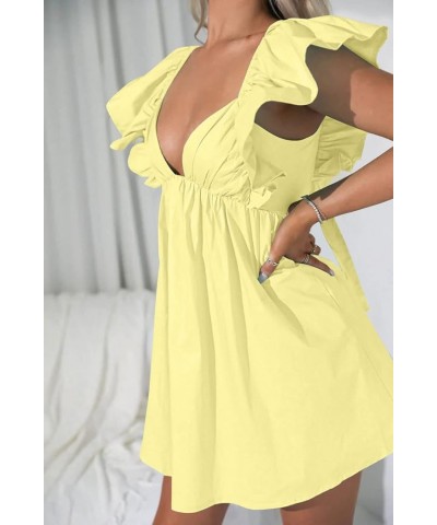 Womens Spring Summer V Neck Knot Back Causal Strap Short Flowy Swing Mini Dress B Yellow $18.04 Dresses