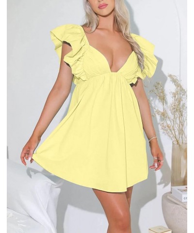 Womens Spring Summer V Neck Knot Back Causal Strap Short Flowy Swing Mini Dress B Yellow $18.04 Dresses