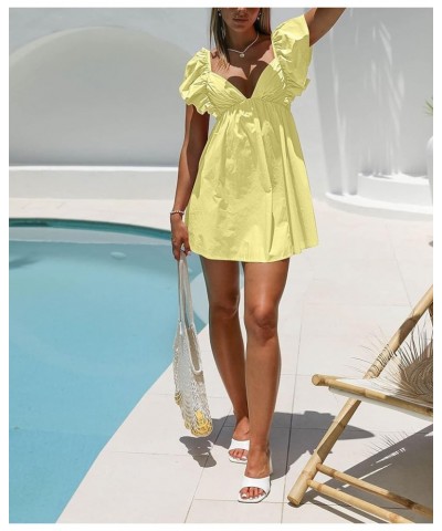 Womens Spring Summer V Neck Knot Back Causal Strap Short Flowy Swing Mini Dress B Yellow $18.04 Dresses