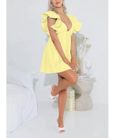 Womens Spring Summer V Neck Knot Back Causal Strap Short Flowy Swing Mini Dress B Yellow $18.04 Dresses