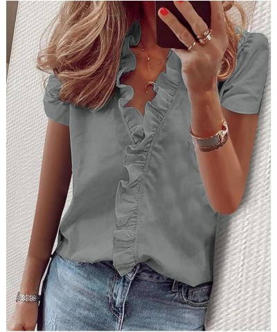 Women Top Ruffle Solid/Print Shirt Blouse Summer Spring Elegant Business Casual Tee T-Shirt A-short Sleeve Grey $8.61 Tops