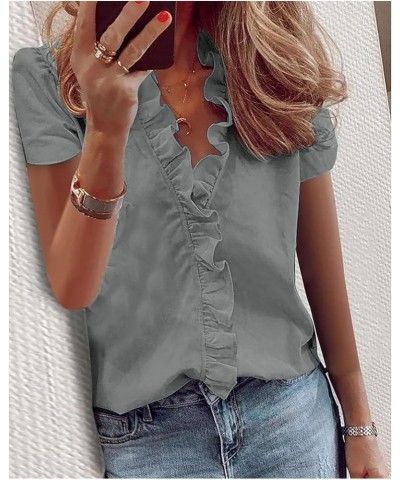 Women Top Ruffle Solid/Print Shirt Blouse Summer Spring Elegant Business Casual Tee T-Shirt A-short Sleeve Grey $8.61 Tops