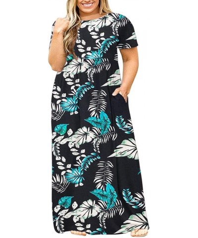 Women's Plus Size Short Sleeve Loose Plain Casual Long Maxi Dresses with Pockets 02-blue Green Plantain $14.75 Dresses