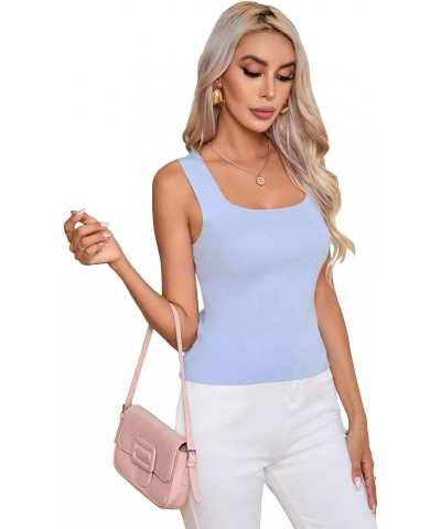 Women's Square Neck Tank Top Basic Ribbed Knit Cami Casual Sleeveless Slim Fit Tops Black Striped M Light Blue Striped $14.27...