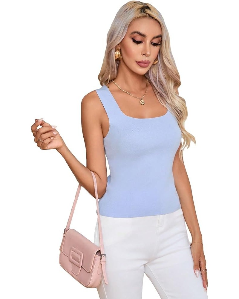 Women's Square Neck Tank Top Basic Ribbed Knit Cami Casual Sleeveless Slim Fit Tops Black Striped M Light Blue Striped $14.27...