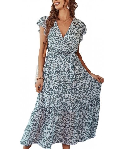 Womens Summer Casual Short Sleeve Floral Print Bohemian V Neck Flowy Midi Maxi Dress with Slit 023 Green $23.93 Dresses